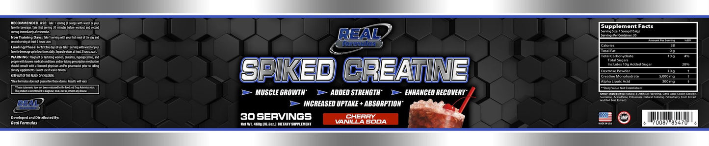 Real Formulas Spiked Creatine Powder - Creatine, Dextrose, and Alpha-Lipoic Acid - for Sport Workout Support & Performance - 30 Servings