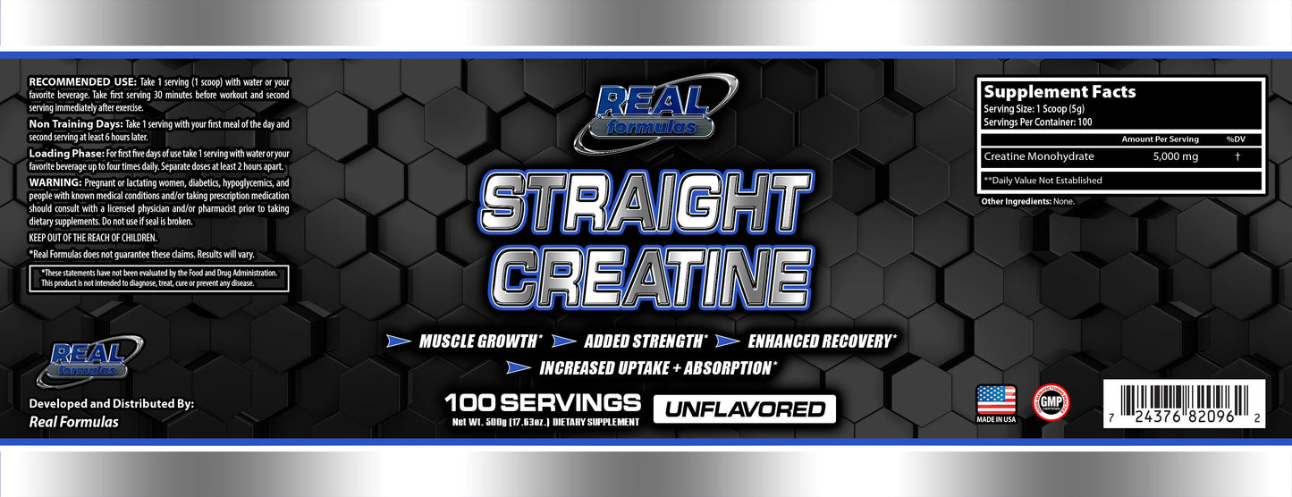 Real Formulas Creatine Monohydrate Powder - 5000mg Pure Unflavored - for Sport Workout Support & Performance - 100 Servings