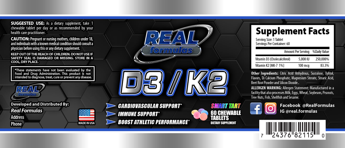 Real Formulas D3/K2 - D3 5,000 IU + K2 10,000 mcg Chewable Tablets - for Cardiovascular Support, Immune Support, & to Boost Athletic Performance - Smart Tart - 60 Servings