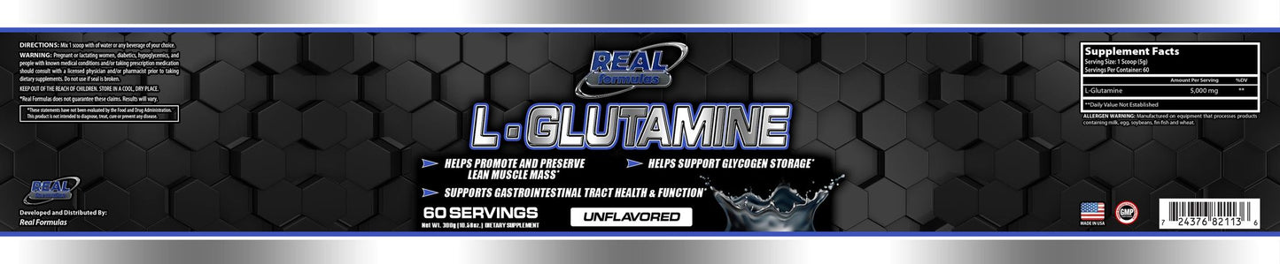 Real Formulas L-Glutamine Amino Acid Powder - 5000mg Pure Unflavored - for Sport Workout Support & Performance - 60 Servings