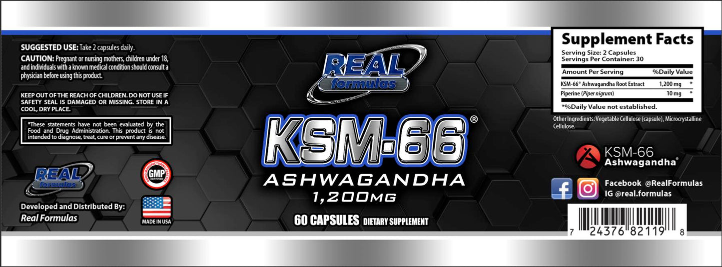 Real Formulas KSM-66 Ashwagandha 1200mg with Piperine 10mg - Enhanced Absorption, Stress Relief, Sleep, Mood & Immunity - 60 Vegan Caps