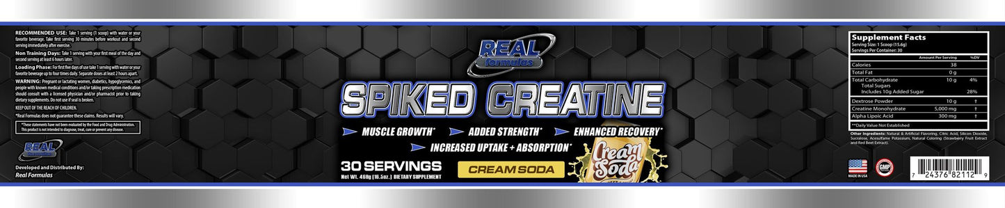 Real Formulas Spiked Creatine Powder - Creatine, Dextrose, and Alpha-Lipoic Acid - for Sport Workout Support & Performance - 30 Servings