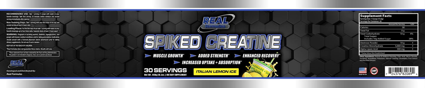 Real Formulas Spiked Creatine Powder - Creatine, Dextrose, and Alpha-Lipoic Acid - for Sport Workout Support & Performance - 30 Servings