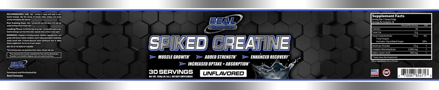 Real Formulas Spiked Creatine Powder - Creatine, Dextrose, and Alpha-Lipoic Acid - for Sport Workout Support & Performance - 30 Servings