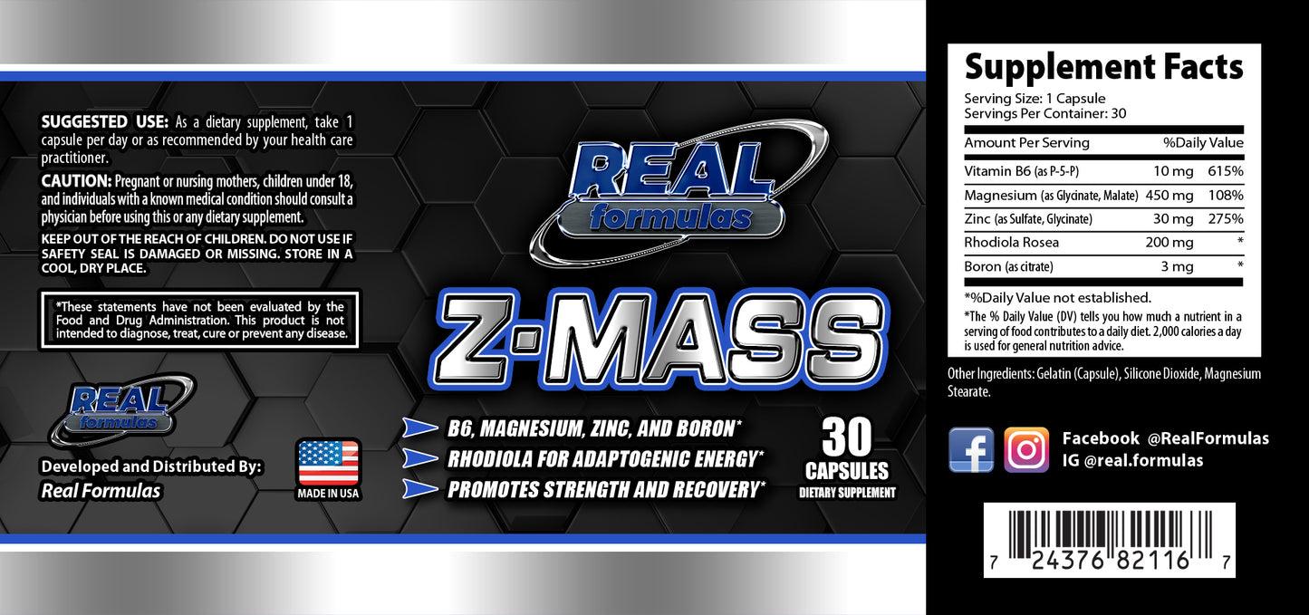 Real Formulas Z-Mass Capsules - Vitamin B6, Magnesium, Zinc, Boron - for Sport Workout Support & Performance - Unflavored - 30 Count