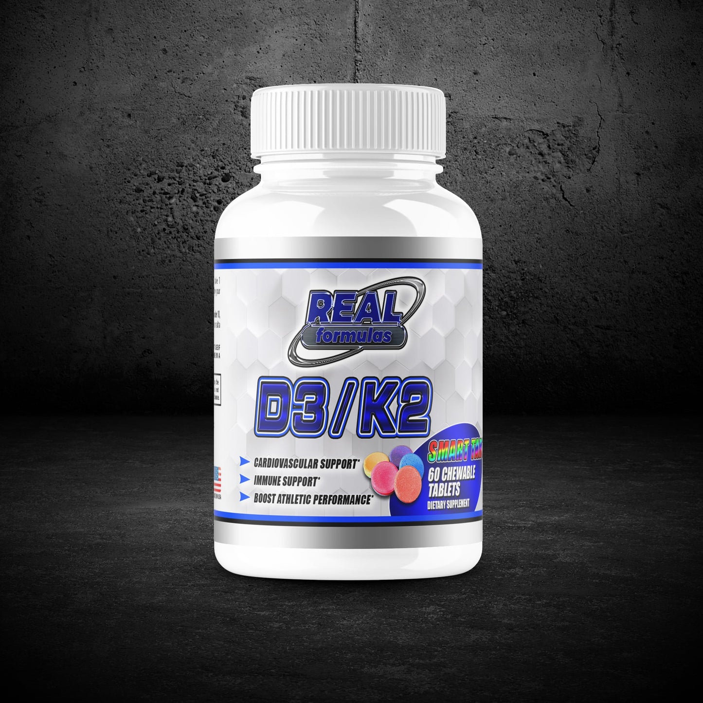 Real Formulas D3/K2 - D3 5,000 IU + K2 10,000 mcg Chewable Tablets - for Cardiovascular Support, Immune Support, & to Boost Athletic Performance - Smart Tart - 60 Servings