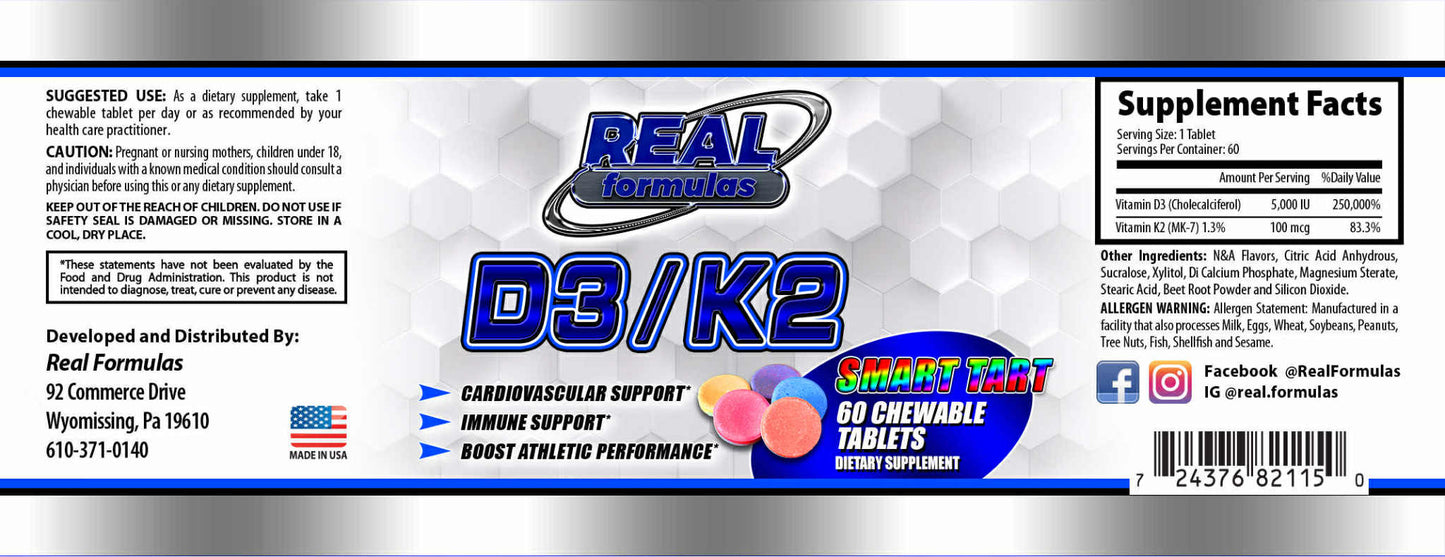 Real Formulas D3/K2 - D3 5,000 IU + K2 10,000 mcg Chewable Tablets - for Cardiovascular Support, Immune Support, & to Boost Athletic Performance - Smart Tart - 60 Servings