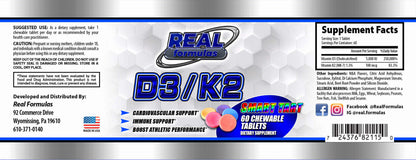 Real Formulas D3/K2 - D3 5,000 IU + K2 10,000 mcg Chewable Tablets - for Cardiovascular Support, Immune Support, & to Boost Athletic Performance - Smart Tart - 60 Servings