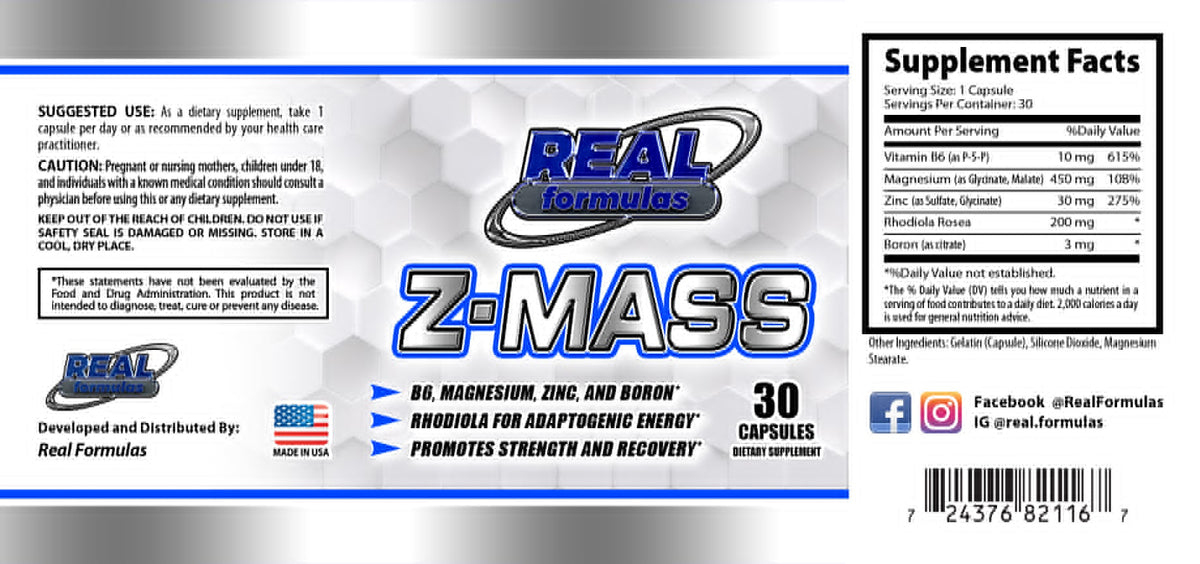 Real Formulas Z-Mass Capsules - Vitamin B6, Magnesium, Zinc, Boron - for Sport Workout Support & Performance - Unflavored - 30 Count