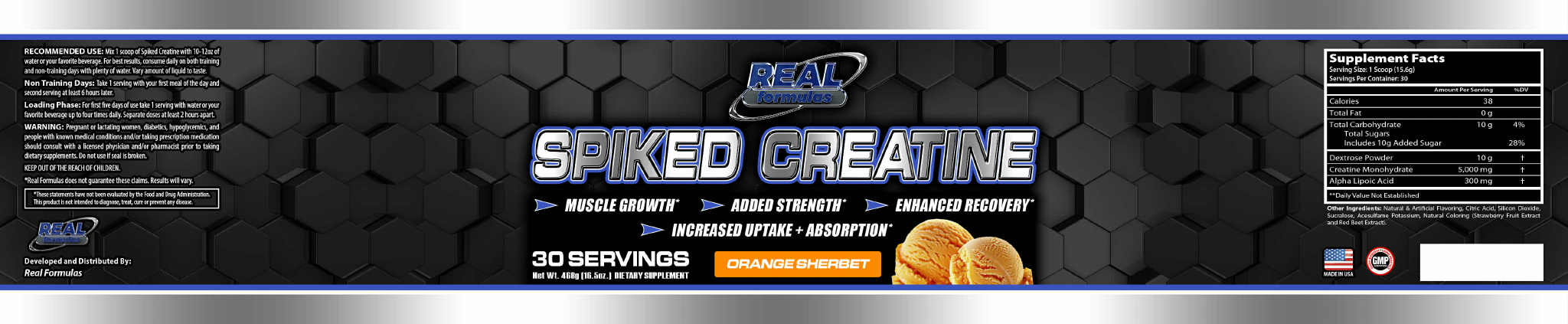 Real Formulas Spiked Creatine Powder - Creatine, Dextrose, and Alpha-Lipoic Acid - for Sport Workout Support & Performance - 30 Servings