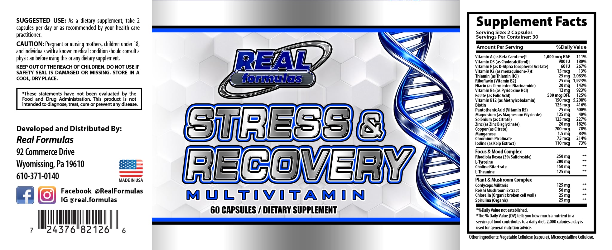 Real Formulas Stress & Recovery Multivitamin with Adaptogens, Nootropics & Superfoods – 60 Capsules