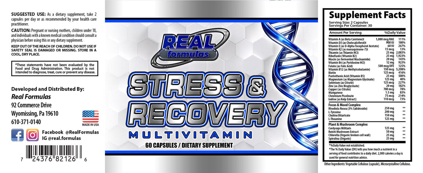 Real Formulas Stress & Recovery Multivitamin with Adaptogens, Nootropics & Superfoods – 60 Capsules